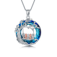 wholesale 925 Sterling Silver Blue Crystal Swing Family Tree Pendant Necklace for Mother's Day Gifts- Two Tone