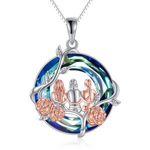 Sterling Silver Three Sister Pendant Necklace with Blue Crystal-0