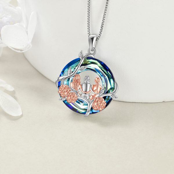 Sterling Silver Three Sister Pendant Necklace with Blue Crystal-3