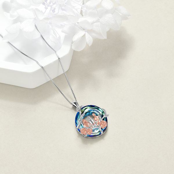 Sterling Silver Three Sister Pendant Necklace with Blue Crystal-4