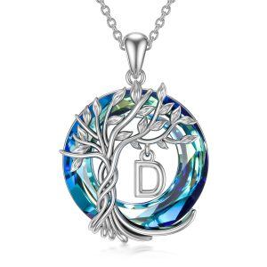 Sterling Silver Tree of Life & Initials "D" Letter Pendant Necklace with Blue Crystal-0