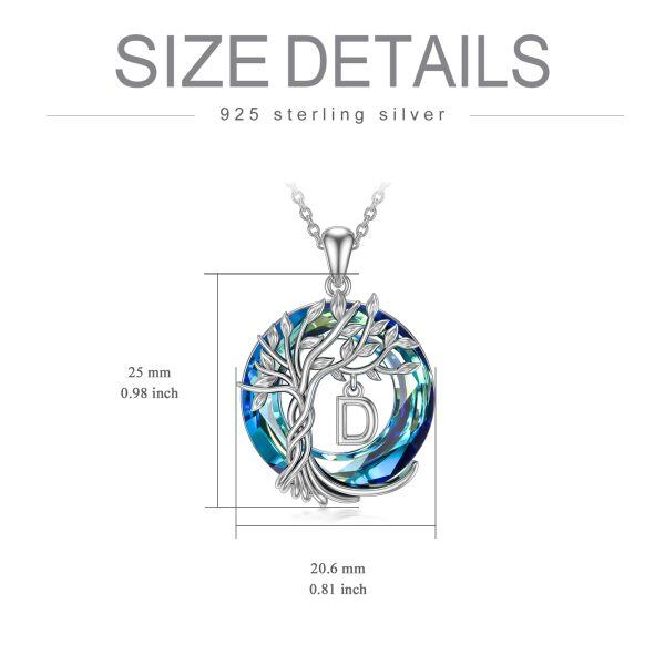 Sterling Silver Tree of Life & Initials "D" Letter Pendant Necklace with Blue Crystal-1