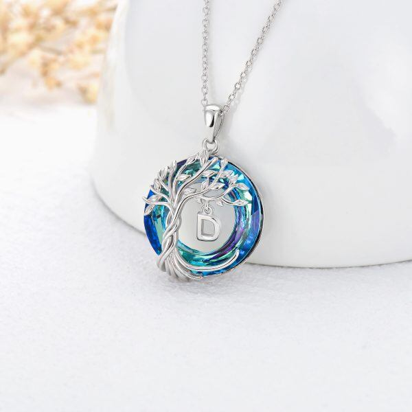 Sterling Silver Tree of Life & Initials "D" Letter Pendant Necklace with Blue Crystal-3