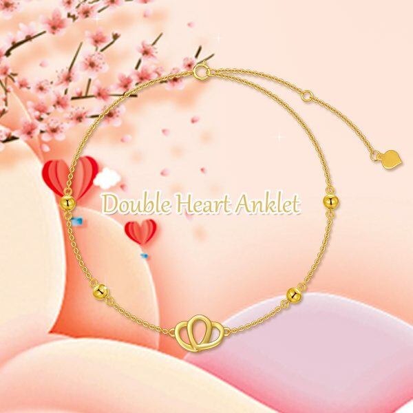 14K Solid Gold Double Heart Love Anklet Bracelets-5