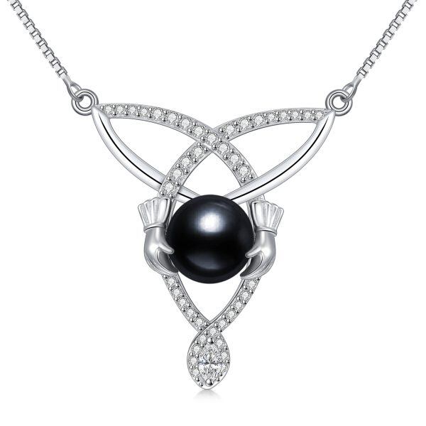 Sterling Silver Black Pearl Pendant Necklace with Claddagh and Celtic Knot Design-0