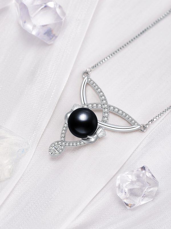 Sterling Silver Black Pearl Pendant Necklace with Claddagh and Celtic Knot Design-1