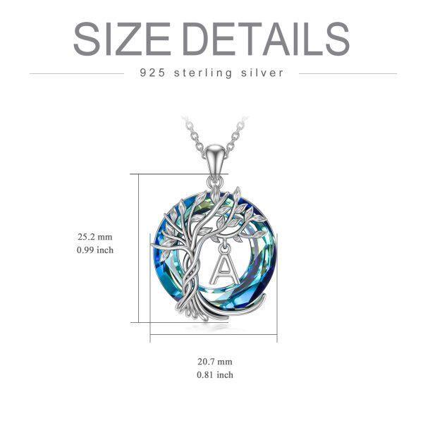 Sterling Silver Tree of Life & Initials "A" Letter Pendant Necklace with Blue Crystal-1