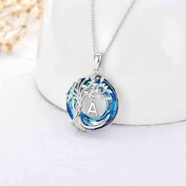 Sterling Silver Tree of Life & Initials "A" Letter Pendant Necklace with Blue Crystal-3