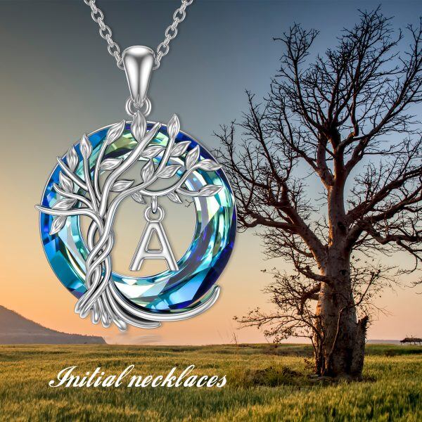 Sterling Silver Tree of Life & Initials "A" Letter Pendant Necklace with Blue Crystal-5