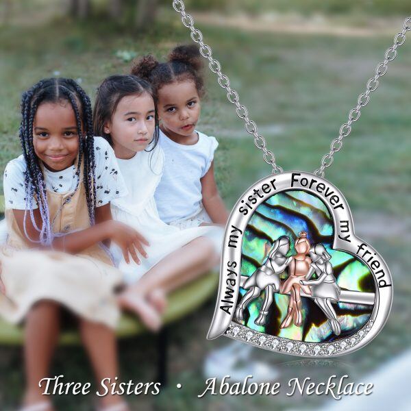 Sterling Silver Three Sister Heart Pendant Necklace with Abalone Shell-5