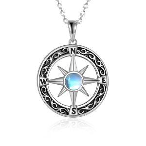 Sterling Silver Compass Moonstone Pendant Necklace-0