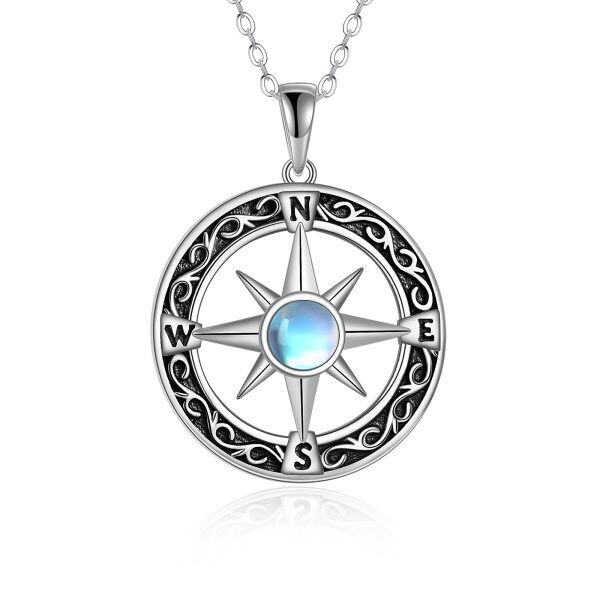 Sterling Silver Compass Moonstone Pendant Necklace-0