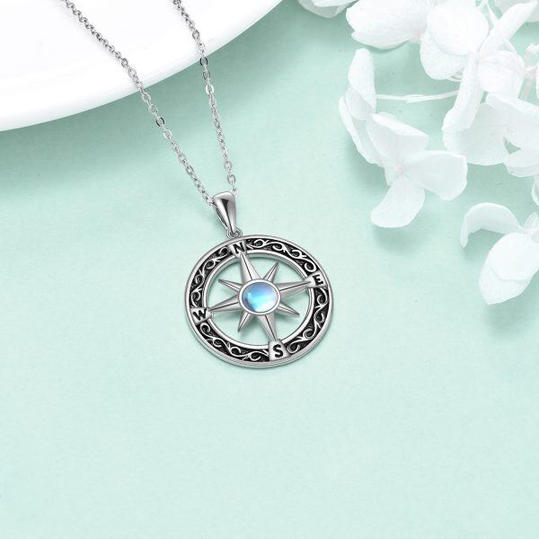 Sterling Silver Compass Moonstone Pendant Necklace-4