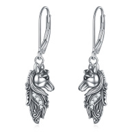 wholesale 925 Sterling Silver Horse Head Feather Drop Earrings- Oxidized/Oxidised