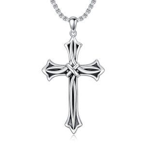 Sterling Silver Oxidized Celtic Knot Cross Pendant Necklace with Stainless Steel Chain-0