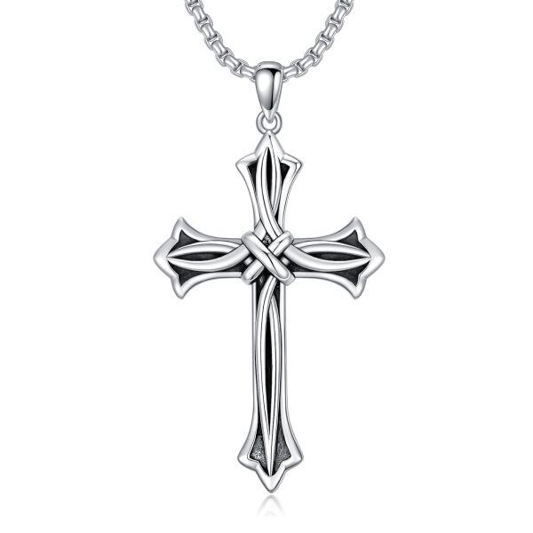 Sterling Silver Oxidized Celtic Knot Cross Pendant Necklace with Stainless Steel Chain-0