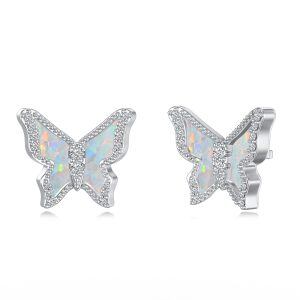 Sterling Silver White Opal Butterfly Stud Earrings-0