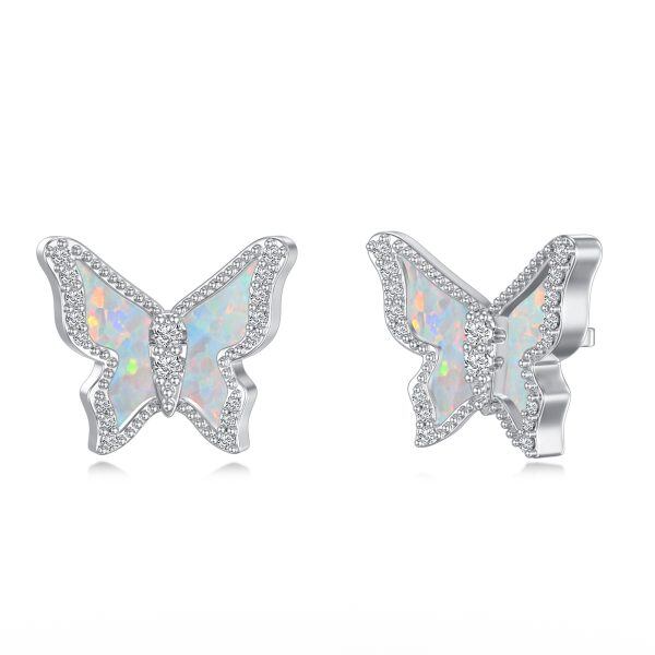 Sterling Silver White Opal Butterfly Stud Earrings-0