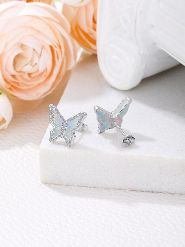 Sterling Silver White Opal Butterfly Stud Earrings-3