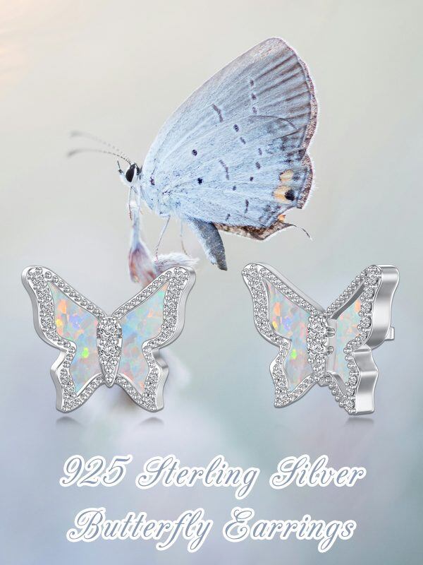 Sterling Silver White Opal Butterfly Stud Earrings-4