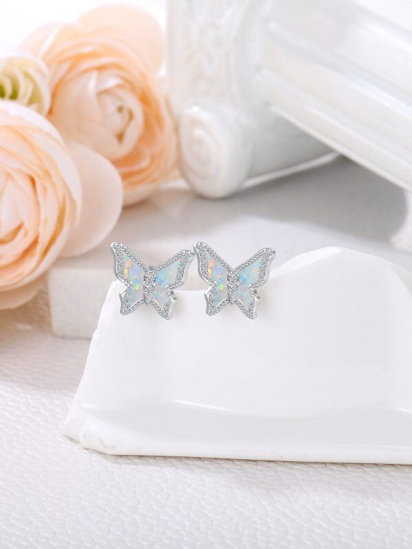 Sterling Silver White Opal Butterfly Stud Earrings-5