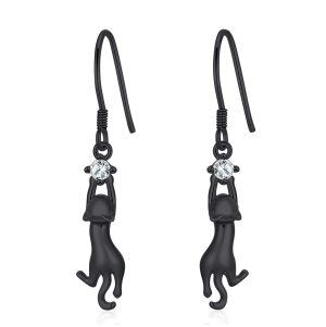 Sterling Silver Black Cat Dangle Earrings-0