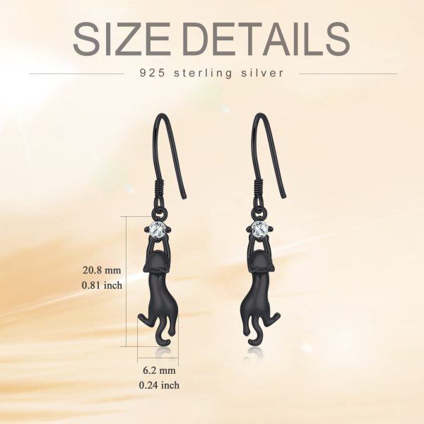 Sterling Silver Black Cat Dangle Earrings-1