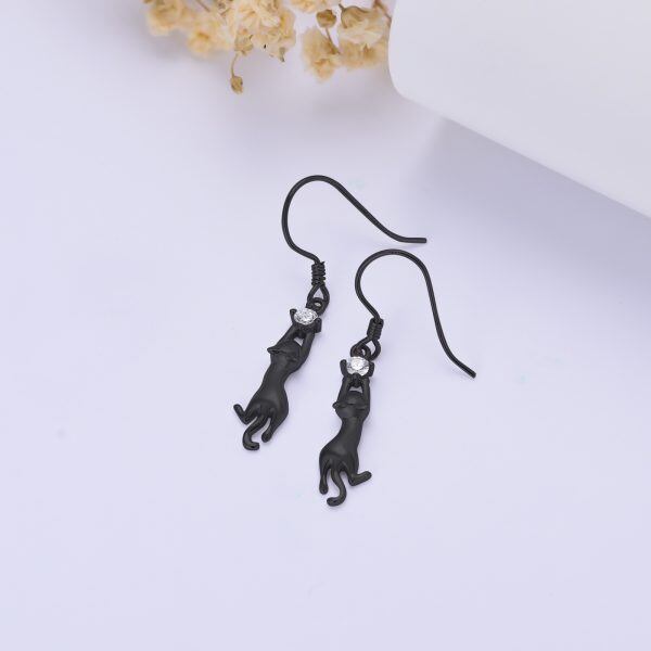 Sterling Silver Black Cat Dangle Earrings-3