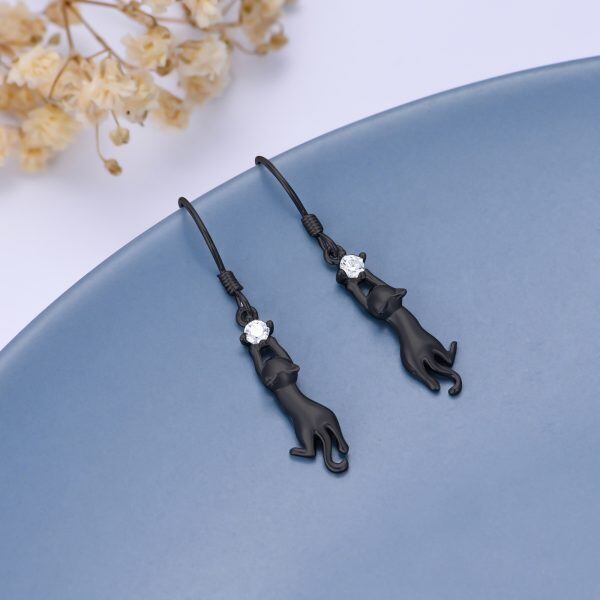 Sterling Silver Black Cat Dangle Earrings-4