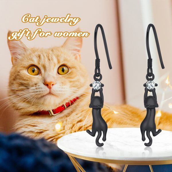 Sterling Silver Black Cat Dangle Earrings-5