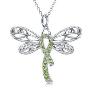 Sterling Silver Dragonfly Pendant Necklace with Awareness Green Crystal Ribbon-0