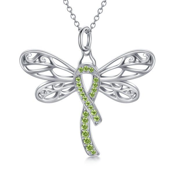 Sterling Silver Dragonfly Pendant Necklace with Awareness Green Crystal Ribbon-0