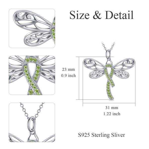 Sterling Silver Dragonfly Pendant Necklace with Awareness Green Crystal Ribbon-1