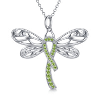 wholesale 925 Sterling Silver Dragonfly Pendant with Peridot Stones - Cancer Awareness Jewelry for Women- Rhodium Plated