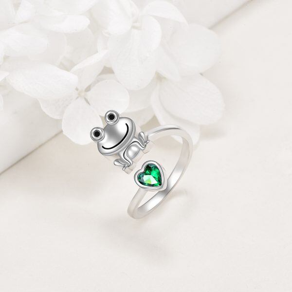 Sterling Silver Frog Urn Rings with May Birthstone-3