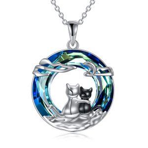 Sterling Silver Cat Pendant Necklace with Crystal Circle-0