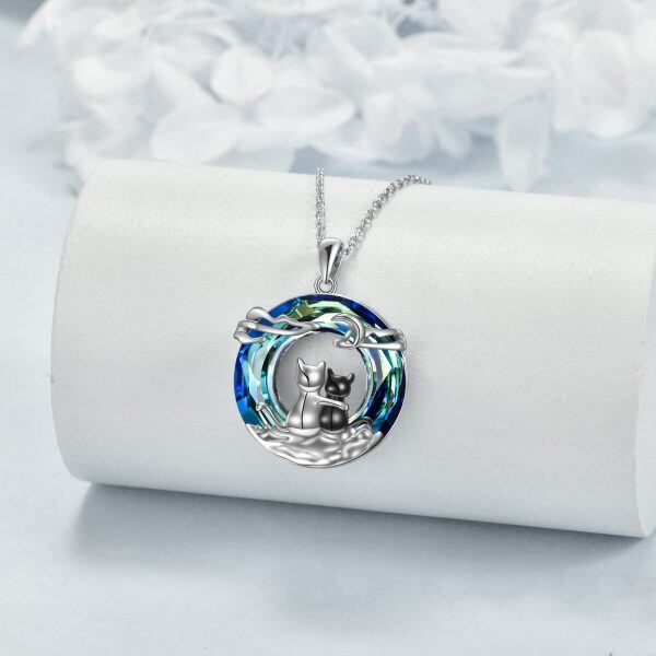 Sterling Silver Cat Pendant Necklace with Crystal Circle-3