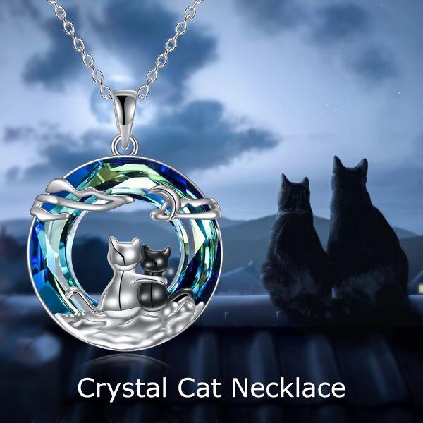 Sterling Silver Cat Pendant Necklace with Crystal Circle-5