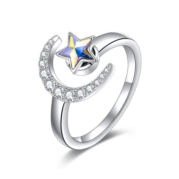 Sterling Silver Moon and Star Spinning Ring-0