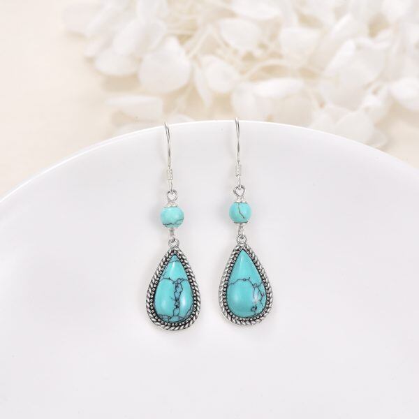 Sterling Silver Oxidized Teardrop Turquoise Dangle Earrings-3