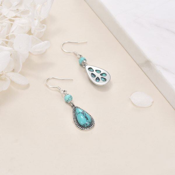 Sterling Silver Oxidized Teardrop Turquoise Dangle Earrings-4