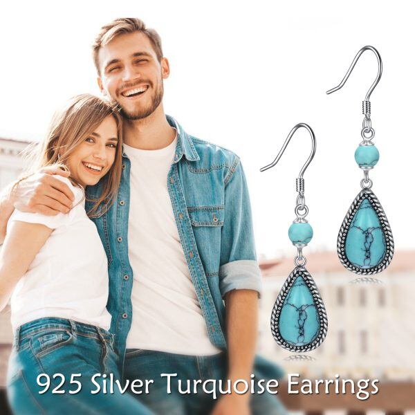 Sterling Silver Oxidized Teardrop Turquoise Dangle Earrings-5