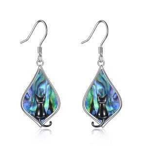 Sterling Silver Teardrop Abalone Shell Cat Dangle Earrings-0