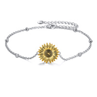 wholesale 925 Sterling Silver Gold Plated Sunflower Charm Adjustable Chain Bracelet for Women- Rhodium Plated
