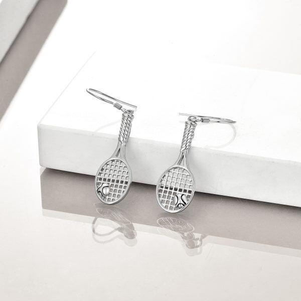 Sterling Silver Tennis Racket Dangle Earrings-4