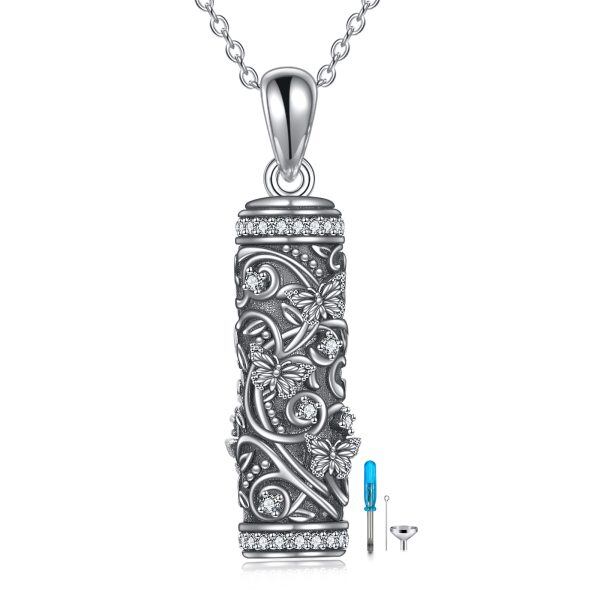 Sterling Silver Oxidized Cylindrical Butterfly Urn Necklace-0