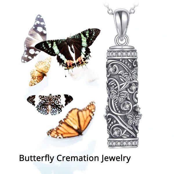 Sterling Silver Oxidized Cylindrical Butterfly Urn Necklace-3