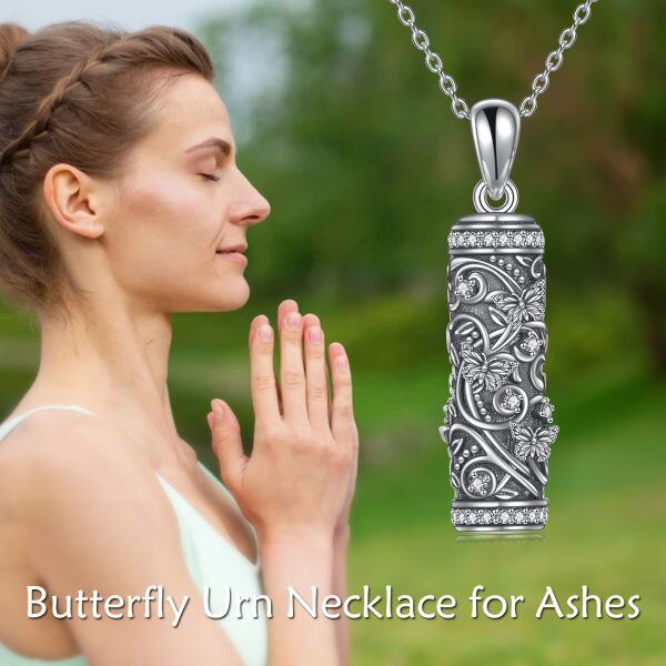 Sterling Silver Oxidized Cylindrical Butterfly Urn Necklace-6