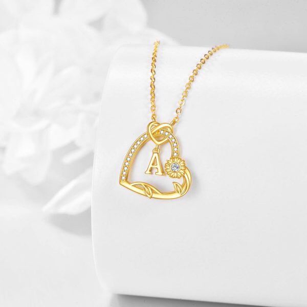 14K Solid Gold Initials "A" Letter Heart Pendant Necklace-3