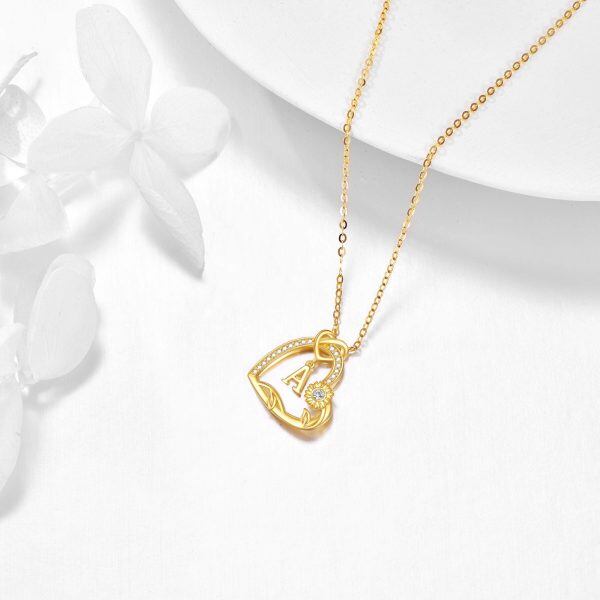 14K Solid Gold Initials "A" Letter Heart Pendant Necklace-4